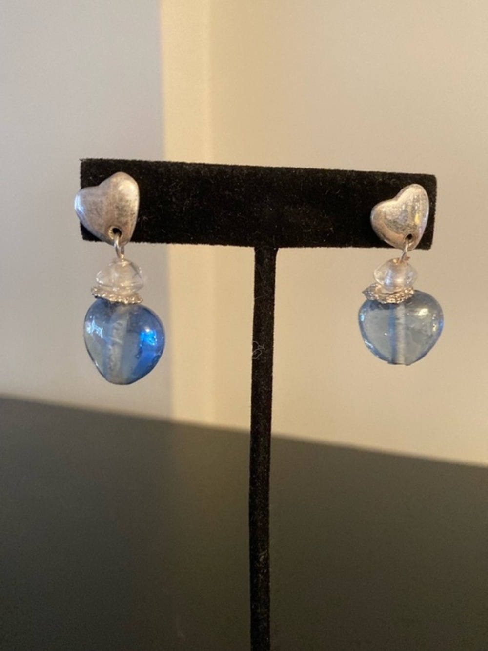 Heart Drop Blue Glass Dangle Earrings